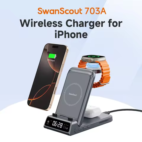 SwanScout 703A Wireless Charger for iPhone 17 16 15 14 Charging Station for Apple Watch 11 10 9 8 Ul