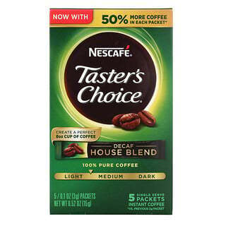 Nescafé, Taster s Choice, Instant Coffee, House Blend, Light/Medium Roast, Decaf, 5 Packets, 0.1 oz