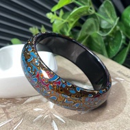 檀香大漆手鐲59+MM 東方漆藝金底藍花螺鈿檀脫胎木手環 中式漢風