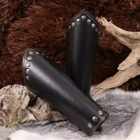 2pcs vintage pu leather medieval knight warrior viking arm guards for halloween role play costumes, 