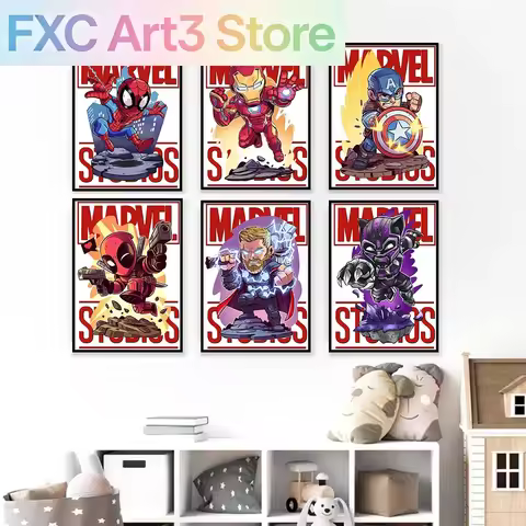 Frameless Marvel Posters Superhero Wall Art SpiderMan Iron Man Avengers Cartoon Canvas Painting Prin