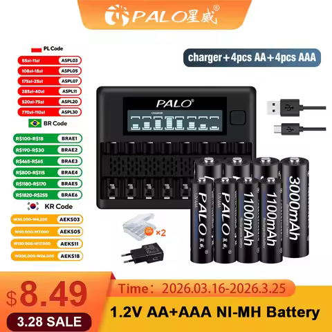 PALO 1.2V AA +AAA Rechargeable Battery 3000mAh AA LR6 Batteries 1100mAh LR3 AAA Battery+8 Slots 1.2 