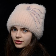 Mink Fur Hat Winter Women's Knitted Mink Hat Warm Real Fur Hat Knit Fur Hat