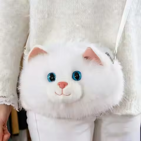 3D Cat Head Messenger Bag Cat Crossbody Bag Realistic Fluffy Cute Animal Shoulder Bag Small Zippered
