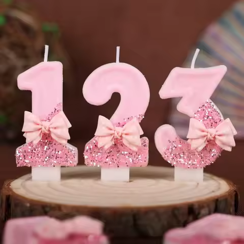 1 2 3 4 5 6 7 8 9 Number Cake Candle Pink Bow-tie Glitter for Birthday Candle 3D Number Candle Cake 