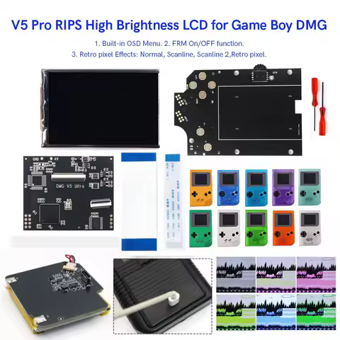 Rechargeable 36 Colors Mode RIPS Screen For GB DMG V5 Pro Highlight Backlight IPS LCD Screen Kits Re