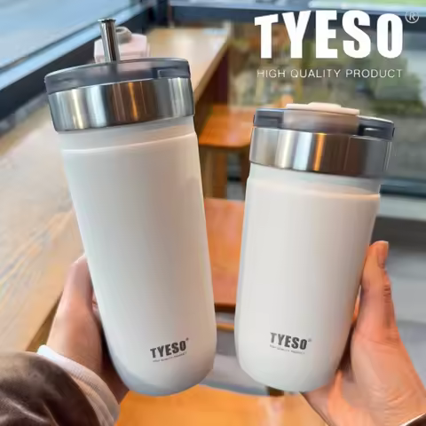 Tyeso 550/710ML Stainless Steel Coffee Mug With Straw Car Water Bottle Vacuum Flask Tumbler Insulate