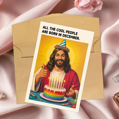 1pc Funny December Birthday Card With Envelope,Jesus Meme Greeting Card,12th Month Born Xmas Season 
