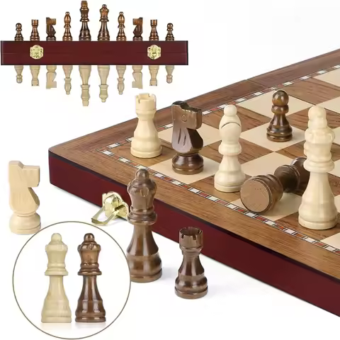 Wooden chess set 38cm/15inch Collapsible large size high-grade sculpted chess board - 2 extra queens