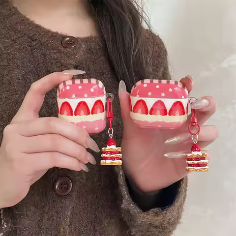 Cute Strawberry Earphone Case Protective Cover for Airpods 4 3 2 Airpods Pro2 Pro3 Cover with Charm 