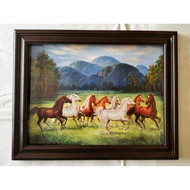 Feng Shui Hanging Picture Plain Teak Frame Oak Colored Pencils Size 46 x 59 Cm. With 8 Running Horse