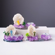 Natural White Agate Geode Amethyst Teeth Flower Candle Holder Agate Piece Base Micro Landscape Deskt