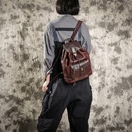 Vintage Vegetable-Tanned Leather Backpack, Oil-Waxed Genuine Cowhide Drawstring Travel Rucksack