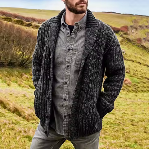 Men's Winter Cardigan Sweater Solid Shawl Collar Cardigan Sweater Button Down Cable Knitted Sweater 