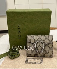 GUCCI 古馳 Dionysus系列LOGO帆布牛皮內襯裡暗釦 短夾 米色 烏木色 酒神短夾 二手精品