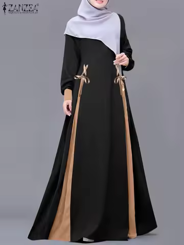 ZANZEA Eid Mubarek Muslim Dress Abaya Fashion Women Patchwork Long Sleeve Dubai Sundress IsIamic Rob