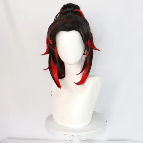 Tsugikuni Yoriichi Cosplay Wigs Black Red Long Ponytail Cosplay Heat Resistant Synthetic Hair