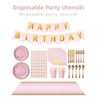 Disposable Party Tableware Set Paper Plates Cups Spoon Kit for Birthday Picnic Outdoor Gathering