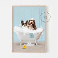 數位 浴缸裡的兩隻寵物 訂製寵物肖像照片有趣的浴室狗藝術寵物
