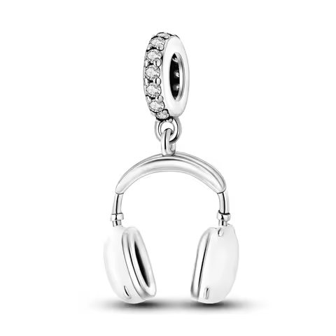 925 Sterling Silver Wireless Headphones Charm White Enamel Clear CZ Dangle Bead Fit Bracelets Music