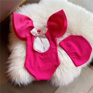 Solid Color Back Bright Bow Knot Open Back Large Lotus Leaf Edge New One-Piece Girls Korean Bikini S