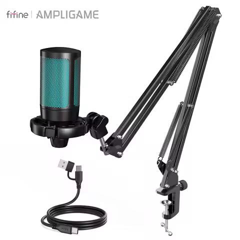 AmpliGame by FIFINE Gaming Microphone Kit with Mute for mobile,USB RGB Mic Set with Arm Boom for PC,