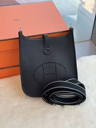 Hermes🌟Mini Evelyne 黑銀 編織肩帶 stamp K