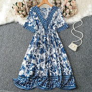 Plus Size Women Blue-White Floral Print Short Sleeve Dress,Summer Dresses For Women,Beach Outfits Fo
