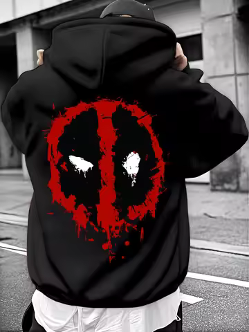 A Black Marvel Superhero Hoodie with A Red Deadpool Pattern in A Marvel Casual Street Style, Featuri