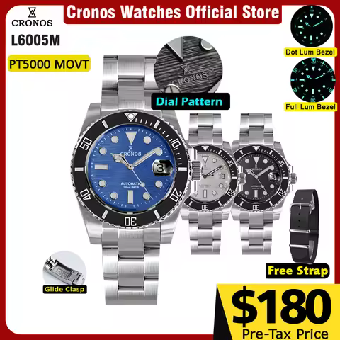 Cronos Sub Diver Men Watch Pattern Dial Stainless Steel PT5000 Brushed Bracelet Ceramic Bezel 200 me