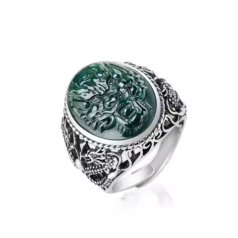 Jia Le/S925 Silver Inlaid Natural Black Jade A-grade Dragon Head Adjustable Ring Jade Retro Ring Fas