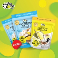 มะพร้าวอบกรอบพร้อมดิปทุเรียน 65กรัม และ ทุเรียนอบกรอบพร้อมดิปกะทิ 50กรัม (3ซอง/แพ็ค) / Coconut Chips with Durian Dip 65g &amp; Freeze Dried Durian with Coconut Milk Dip 50g (3Bags/Pack) (ยี่ห้อ ชิมมะ, Chimma Brand)