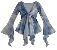 Womens Glamorous Shirt Blouse Tie-Dye Contrast Mesh Front Frill Long-Sleeved Blouse for Women