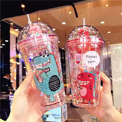 Dinosaur Cute Water Bottle Cartoon Sequins Water Bottles With Straw Lid Student Water Cup BPA Free C