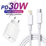 1-2 แพ็ค 30W ที่ชาร์จเร็วแบบเสียบผนัง EU Plug Type C E F 220-240V + สายชาร์จ USB-C to Lightning ยาว 