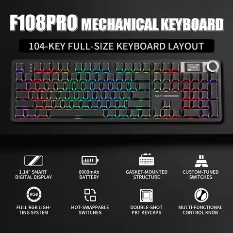 AULA F108 PRO Mechanical Keyboard Custom Wireless Bluetooth Gaming Keyboard with Screen Knob RGB Bac