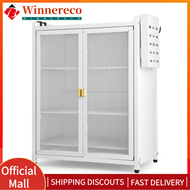 【winnereco】Kitchen Storage Cabinet Dual Striped Glass Doors Freestanding Dish Cabinet Dustproof Drai