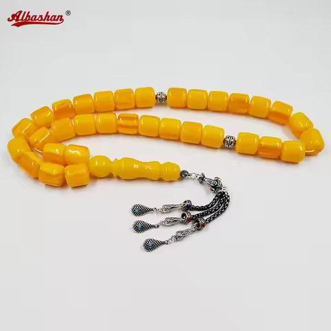 Turkish design Tasbih 33 yellow resin beads Tibetan silver tassels