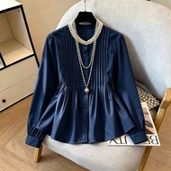 Women Shirt 2026 New French Stand Collar Rhinestone Inlay Pleated Doll Style Sweet Fashion Daily Blo