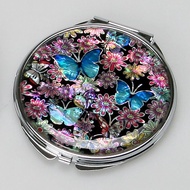 螺鈿隨身鏡 雙面折疊 小圓鏡 帶放大鏡 藍色蝴蝶款