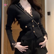 [HWETR] Short Cardigans V Ne Elegant Lace Patchwork Vintage Woman Sweaters Autumn Winter Korean Fash