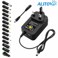 ALITOVE AC to DC Power Supply Adapter | 30W 3V-12V Adjustable 2.5A Max | 14 Adapter Tips & USB Port 