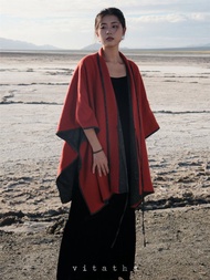 朱砂紅 秋冬高品質羊毛天絲斗篷 系帶披肩外套