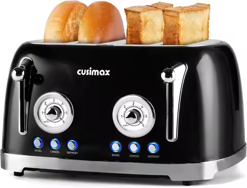 4-Slice Retro Toaster with Wide Slots, 6 Browning Settings, Bagel/Defrost/Reheat Functions, Dual Con