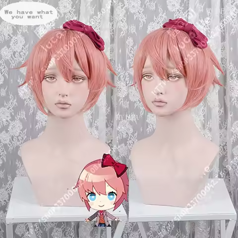 High Quality DDLC Doki Doki Literature Club Sayori Cosplay Wig Short Pink Heat Resistant Synthetic H