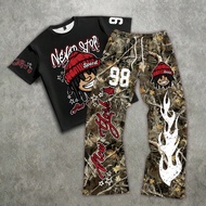 ZONE917 Loose Fit Camouflage Cartoon Portrait 98 Smiling Face T-Shirt Set