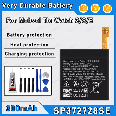 300mAh 100% New SP372728SE Battery For Tic Watch 2/S/E Replacement Bateria+Free Tools