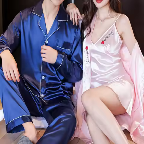 Lapel Long-Sleeved Cardigan Pajamas Men Korean Black Ice Silk Youth Casual Men's Silk Home Wear Stud