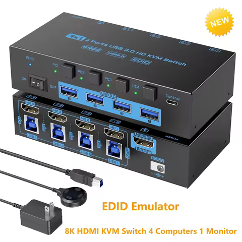 8K HDMI KVM Switch 4 Computers Share 1 Monitor, EDID Function KVM Switch HDMI 4 Port 8K@60Hz 4K@144H