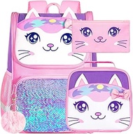 3PCS Kids Cat Backpack for Girls, 15" Sequin Bookbag with Lunch Box, Pink School Bag for Elementary Preschool Toddler, 15 Cat Pink, One Size